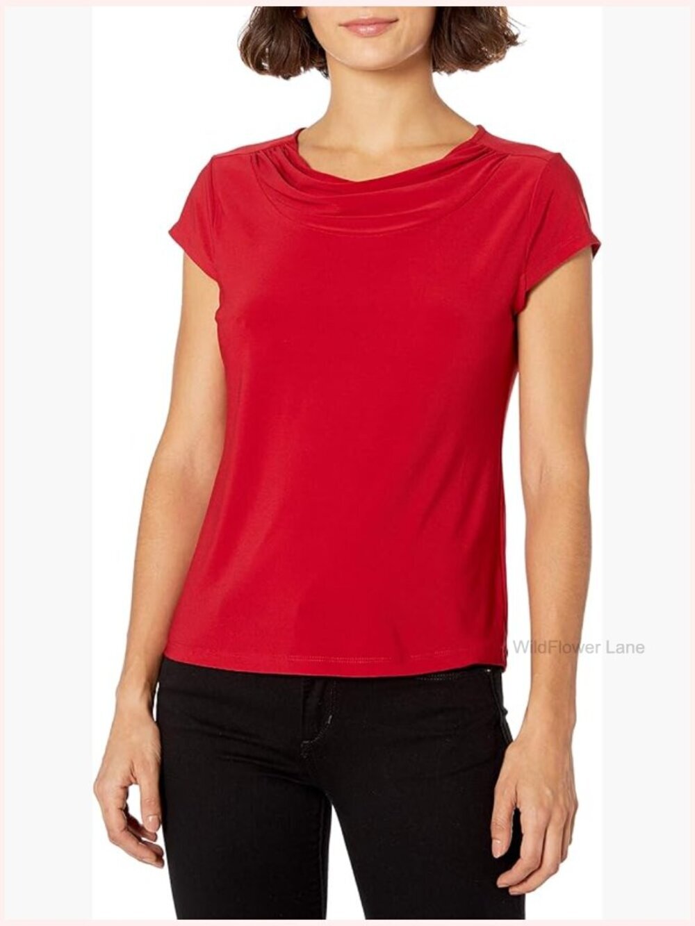 Drape Neck Knit Blouse with Short Sleeves - Solid